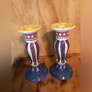 Lynn Morris Pottery Colorful Candlestick Holders 7” Tall Flowers W Polka Dots